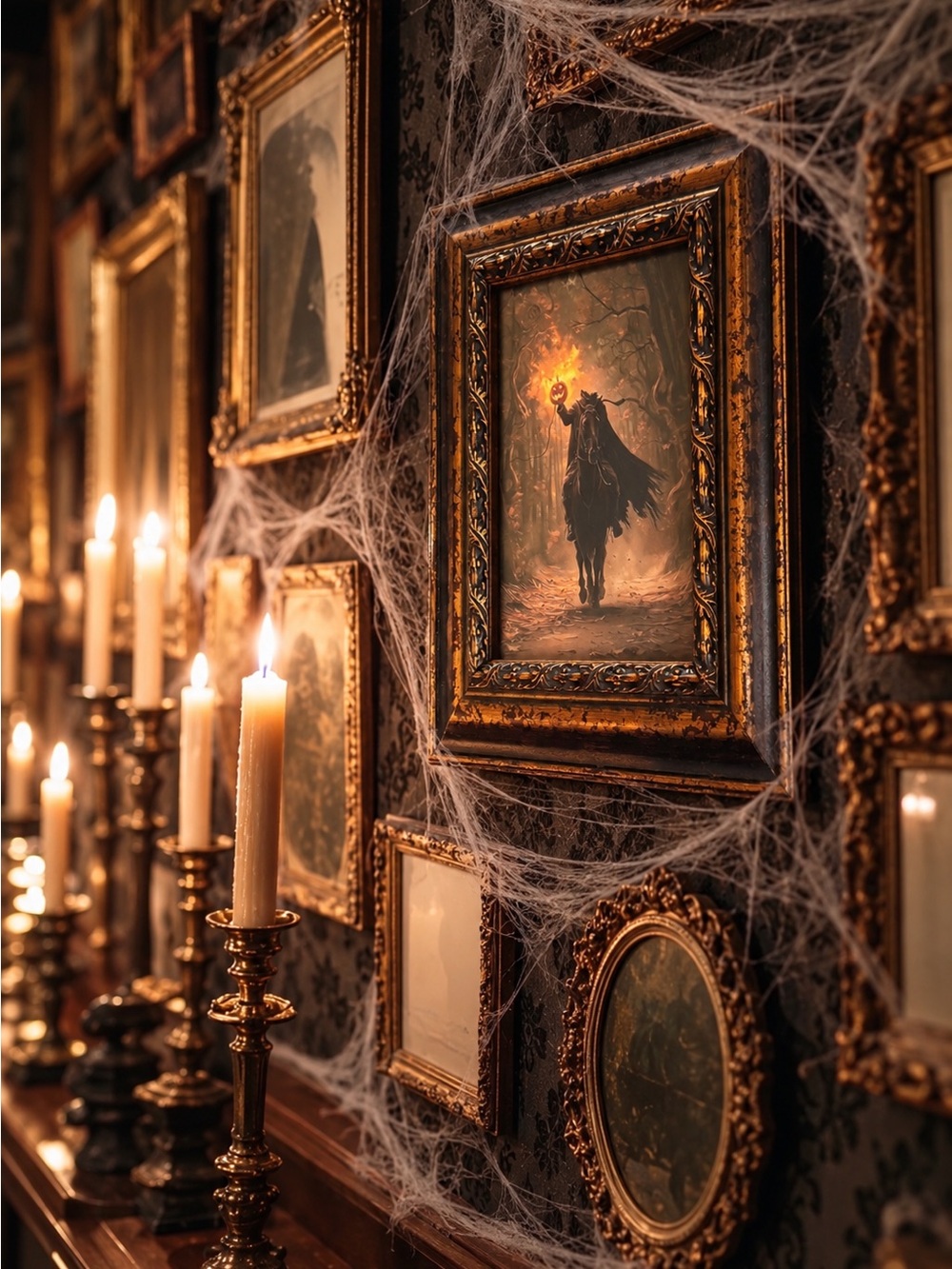 Framed Headless Horseman Halloween Art in Vintage Distressed Black & Gold Frame
